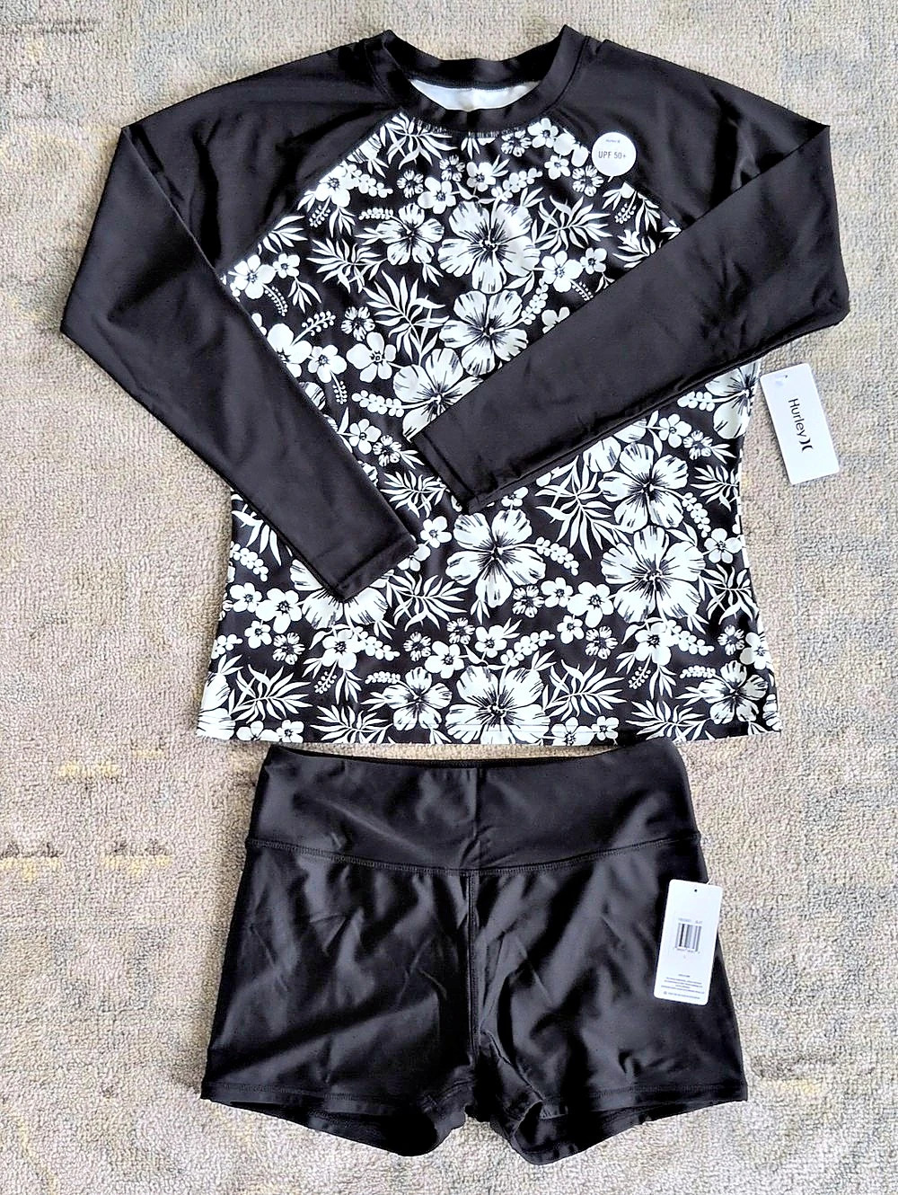 NWT Hurley Floral Rashguard Set Black & White